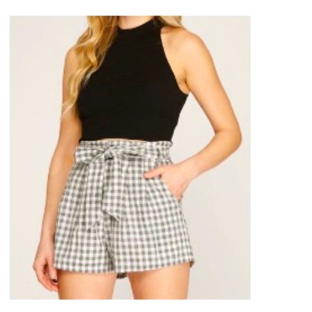 She + Sky High Waisted black checkered shorts NWT. Size L
